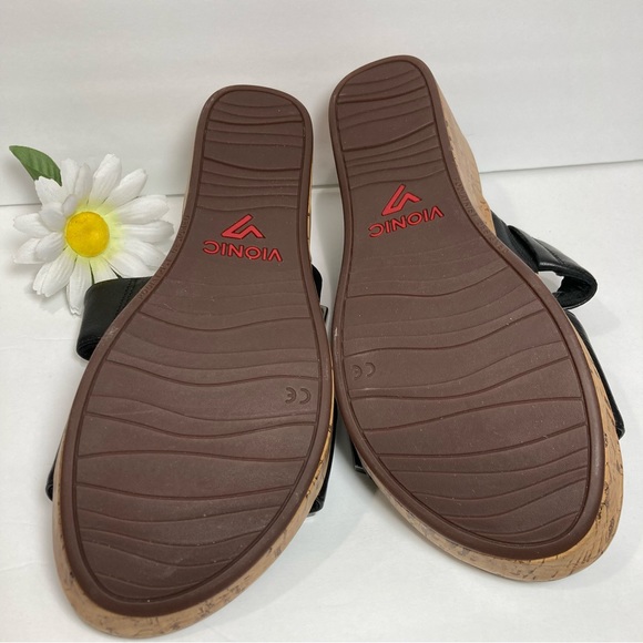 Vionic Atlanta Pepper Black Genuine Leather Wedge Slip On Sandal Cork NEW